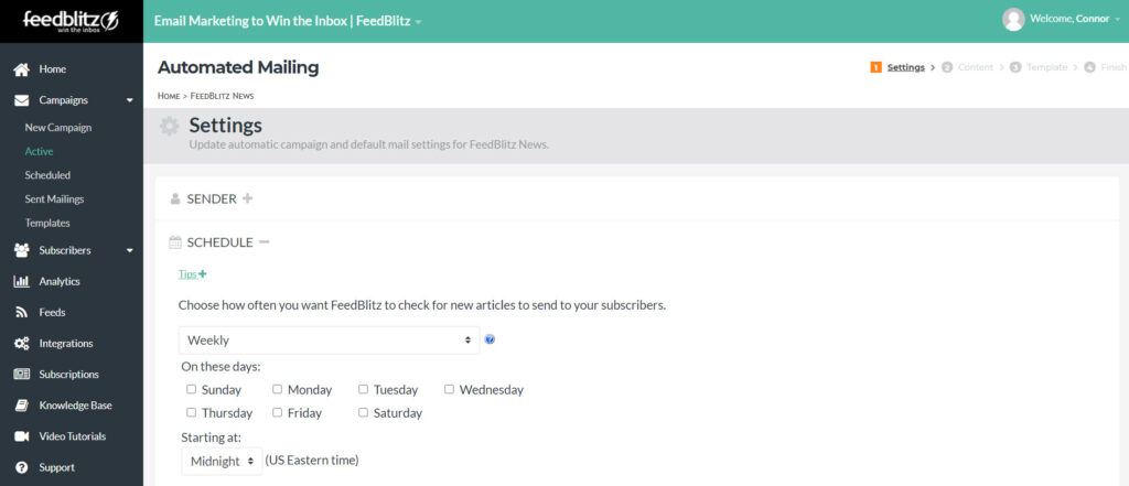 Screenshot of an Automated Mailing's settings showing the schedule tab open for editing. The Weekly option is chosen.