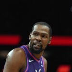 Mar 9, 2024; Phoenix, Arizona, USA; Phoenix Suns forward Kevin Durant (35) reacts against the Boston Celtics during the second half at Footprint Center. Mandatory Credit: Joe Camporeale-USA TODAY Sports