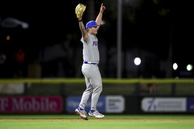 Philip Abner appears to levitate a foot off the ground as he celebrates Florida defeating in-state rival Florida State in 2023