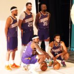 Sep 30, 2024; Phoenix, AZ, USA; Phoenix Suns guard Devin Booker (1) and Phoenix Suns center Jusuf Nurkic (20) and Phoenix Suns forward Kevin Durant (35) and Phoenix Suns guard Bradley Beal (3) and Phoenix Suns guard Tyus Jones (21) pose for a photo during Media Day at Footprint Center. Mandatory Credit: Joe Camporeale-Imagn Images