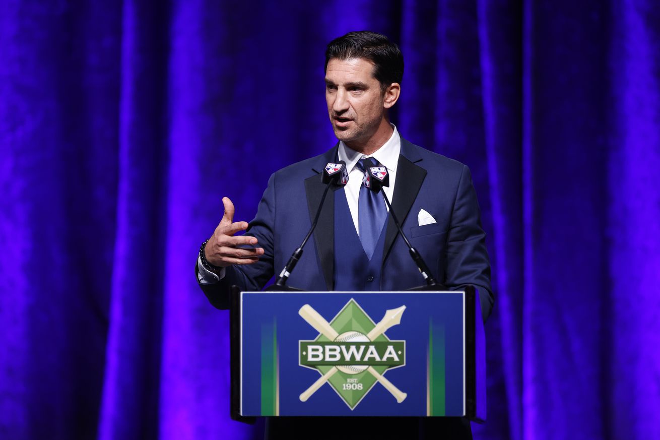 General manager of the Arizona Diamondbacks Mike Hazen speaks to the audience after receiving The Arthur & Milton Richman You Gotta Have Heart Award