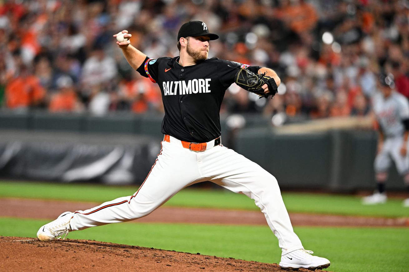 Corbin Burnes throws a pitch, wearing the black Baltimore city connect jersey from last season