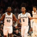 Dec 3, 2024; Phoenix, Arizona, USA; San Antonio Spurs forward Harrison Barnes (40) and guard Stephon Castle (5) against the Phoenix Suns during an NBA Cup game at Footprint Center.