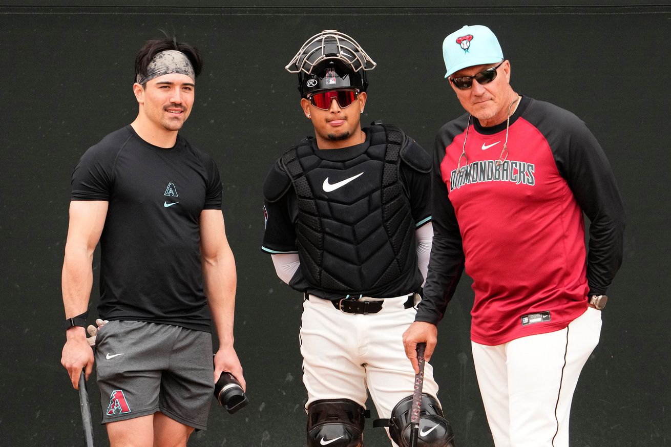 Corbin Carrol in regular workout clothes, Gabriel Moreno in full catching gear, and Jeff Banister in the typical coach pull over look towards the camera