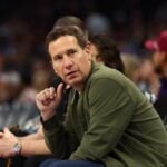 Dec 19, 2024; Phoenix, Arizona, USA; Phoenix Suns owner Mat Ishbia sits courtside against the Indiana Pacers at Footprint Center. Mandatory Credit: Mark J. Rebilas-Imagn Images